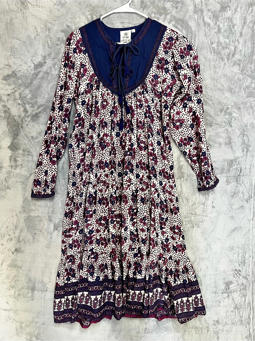 Blue Boheme Floral Cotton Tiered Midi Dress Sz M/L Blue Yoke Tassel Peasant Boho
